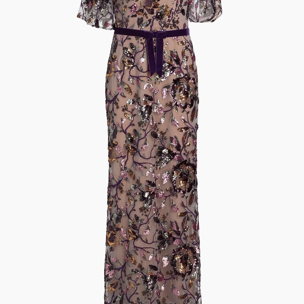 Tan and Purple Tiered Maxi Dress with Flutter Sleeves